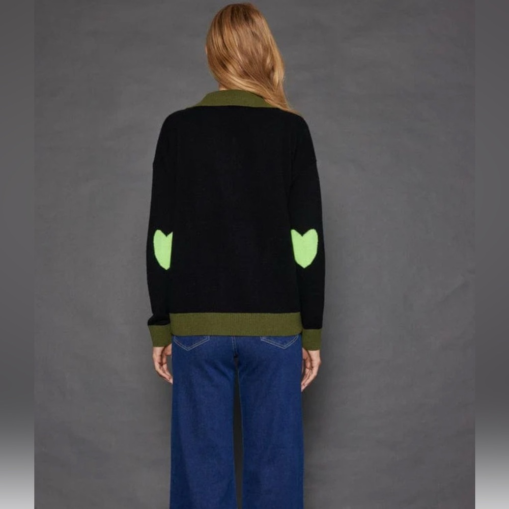 Lisa Todd Black Cardigan with Green Heart Accents